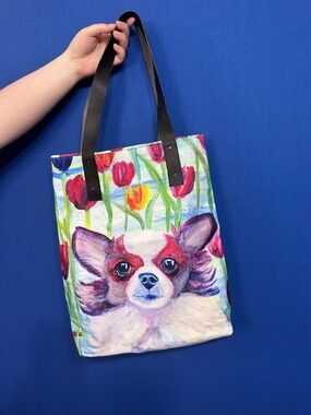 Original Artwork Chihuahua Tulip Tote Bag Vegan Leather Straps Magnetic Snap
